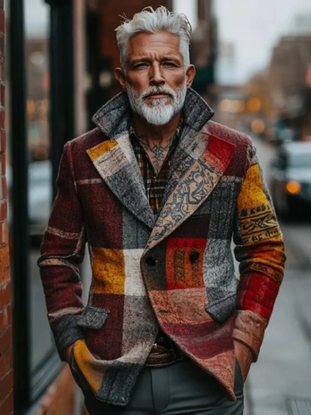 Men’s MANLY Casual Retro Plaid Patchwork Printed Blazer Jacket Medium